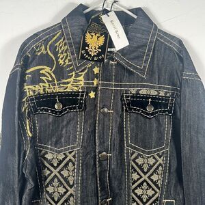 🔥🔥 “NWT” ROYAL ARMY Black Denim & Gold JACKET “Affliction Style” - Sz Large